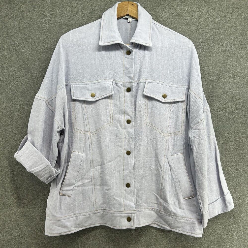 White Birch Womens Large Linen Blend Jacket Light Blue Roll Tab Snap Button Top